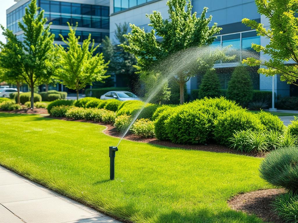 A realistic high-resolution photo of a well-maintained commercial landscape featuring lush green lawns, neatly trimmed bushes, and healthy trees under natural daylight. The scene includes a clean sidewalk bordering the landscape, with a backdrop of a modern office building. The colors are natural tones with earthy textures, highlighting the vibrant greenery in a grounded, rustic aesthetic style. The image prominently includes a visible irrigation system in operation, emphasizing care and maintenance.