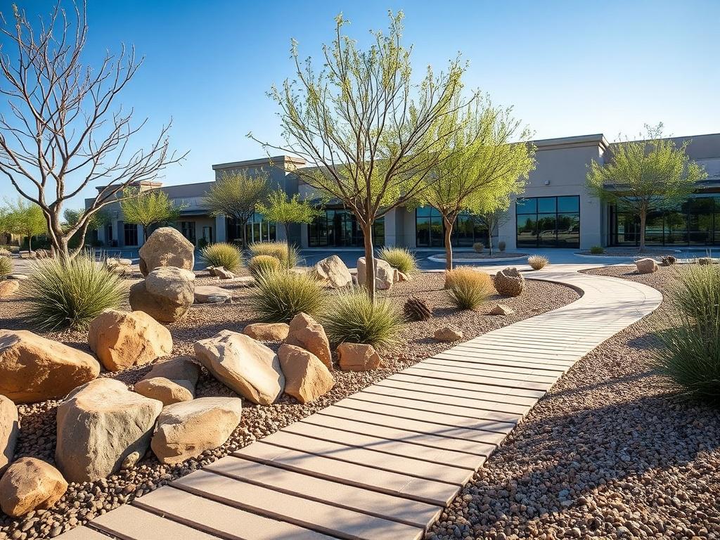 A realistic high-resolution photo showcasing a freshly installed commercial landscape with decorative rocks, newly planted desert trees and shrubs, and carefully laid pavers creating a stylish walkway. The scene is bathed in natural sunlight, highlighting the earthy textures and warm tones of the rocks and plants. The background includes a clear, blue sky and subtle hints of a commercial building, emphasizing the fresh and professional finish of the installation. The composition is simple, focusing on the n
