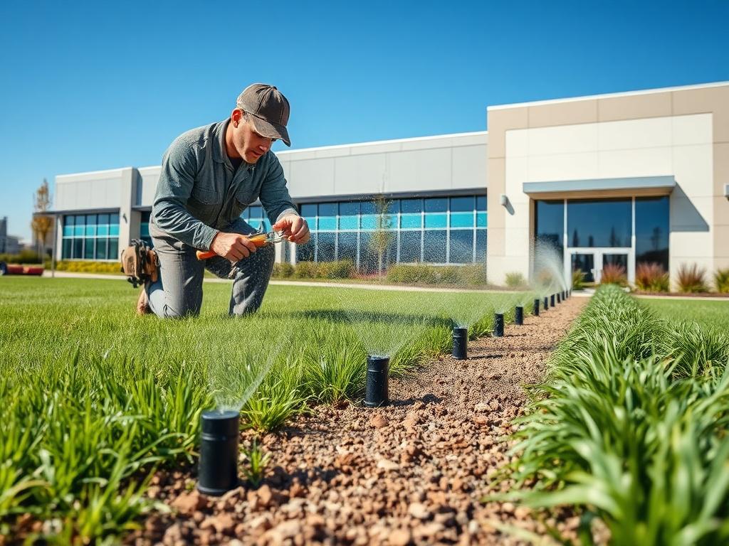A realistic high-resolution photo of a professional irrigation system being repaired on a commercial property. The image shows a technician adjusting sprinkler heads with tools in hand, surrounded by lush green turf and well-maintained landscaping. The background features a modern commercial building with clear blue sky. The scene is captured in natural tones with earthy textures and a grounded, rustic aesthetic. The primary color rgb(50, 170, 39) is subtly reflected in the greenery and technician's uniform