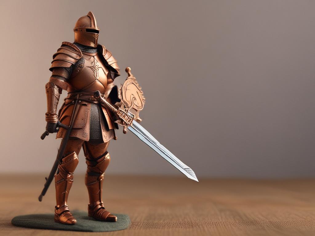 A single warm copper knight miniature, intricately detailed with armor
