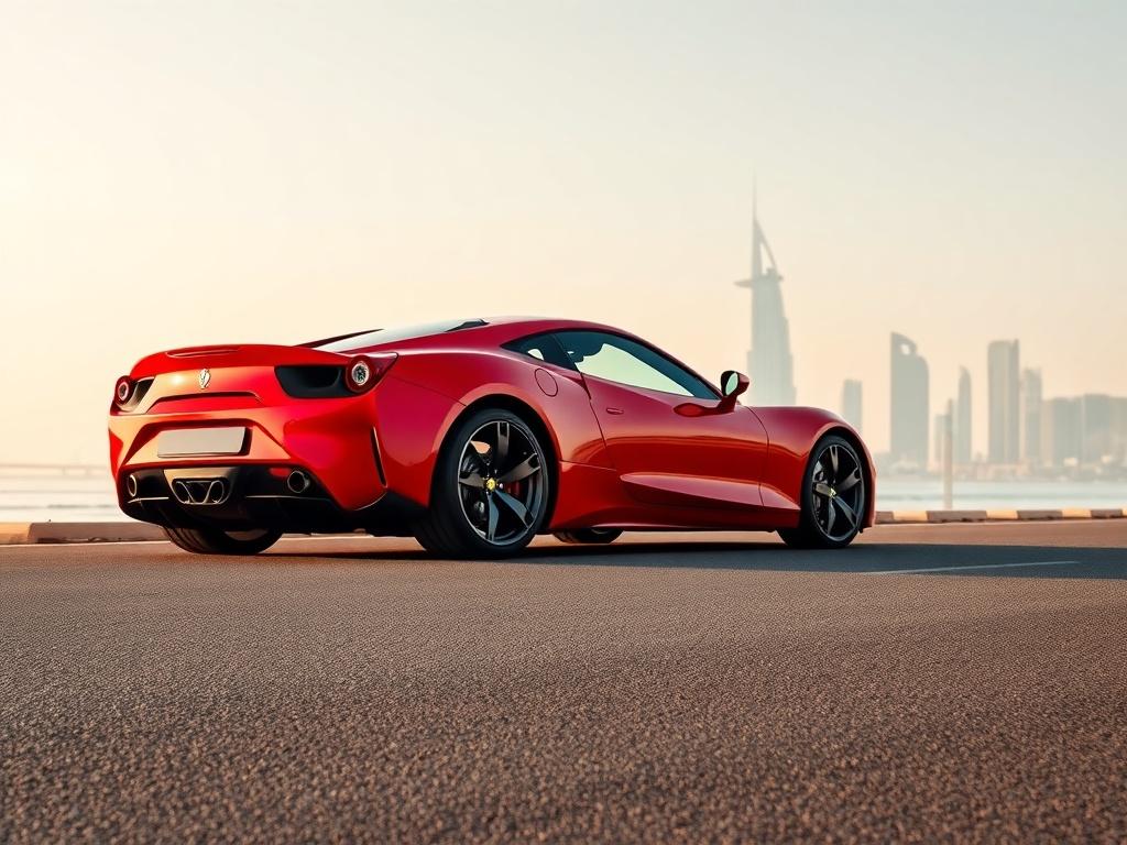A high-resolution image of a luxury sports car parked on a scenic road in Dubai. The car should be the focal point, showcasing its sleek design and vibrant color. The background should feature Dubai's iconic skyline with clean lines and minimal distractions, capturing the essence of luxury and adventure.