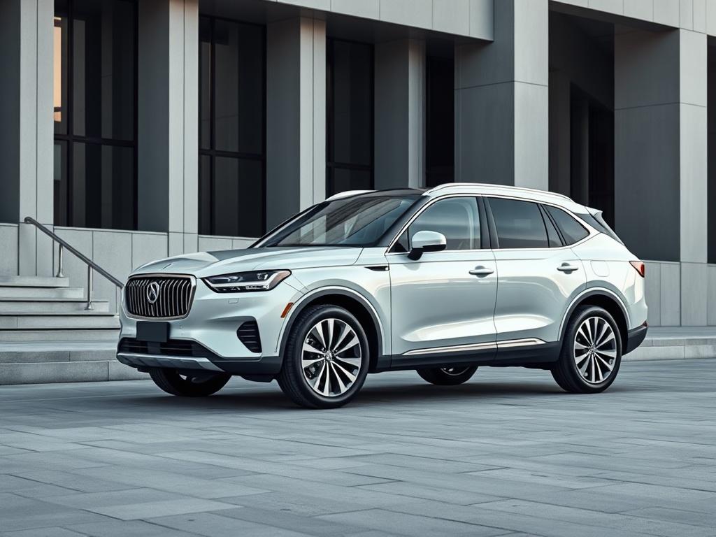 A high-resolution image of a luxury SUV parked in an urban environment, showcasing its elegant design and premium features. The background should include modern architecture, creating a sophisticated atmosphere that highlights the vehicle's luxury appeal.