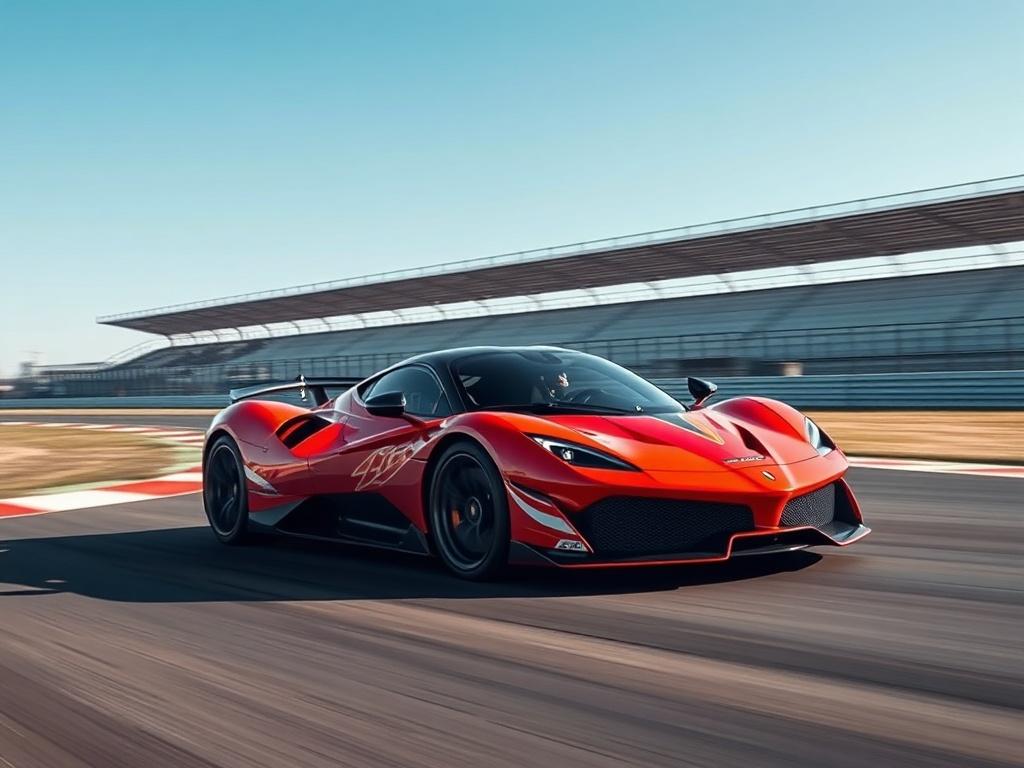 A high-resolution image of a limited edition supercar on a racetrack, showcasing its aerodynamic design and vibrant paint job. The background should include blurred motion to convey speed, with a clear blue sky above, emphasizing the thrilling experience of driving a supercar.