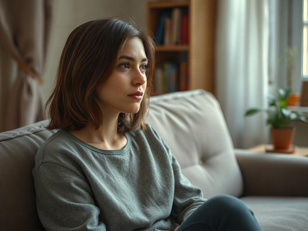 **AI Image Generation Prompt:**

Create a realistic high-resolution photo featuring a thoughtful, introspective young adult sitting alone on a couch in a warm, softly lit living room. The subject, a woman in her late 20s with shoulder-length brown hair, appears pensive as she gazes out of a window, contemplating. Her expression should convey a blend of vulnerability and strength, reflecting the complexities of dealing with compulsive sexual behavior and its impact on relationships. 

The background should include gentle, homey elements like a softly draped curtain, a small indoor plant on a nearby side table, and warm-toned decor that enhances the inviting atmosphere without being distracting. The composition should focus solely on the subject, allowing the viewer to connect with her emotional state through her posture and facial expression. The color palette should align with earthy, warm tones that evoke a sense of comfort and support, while ensuring that the primary color rgb(248, 140, 2) accents can be subtly integrated throughout the room for consistency.

No text or abstract shapes should be included in the image. Aim for a hyper-realistic style to evoke empathy and understanding regarding the serious topic of compulsive sexual behavior.