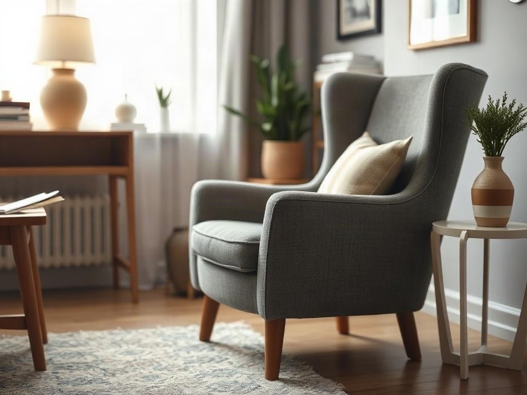 A close-up shot of a serene therapist's office, featuring a comfortable chair, soft lighting, and calming decor. The focus is on the chair, inviting clients to sit and share their stories in a safe space. The image should evoke a sense of comfort and trust.
