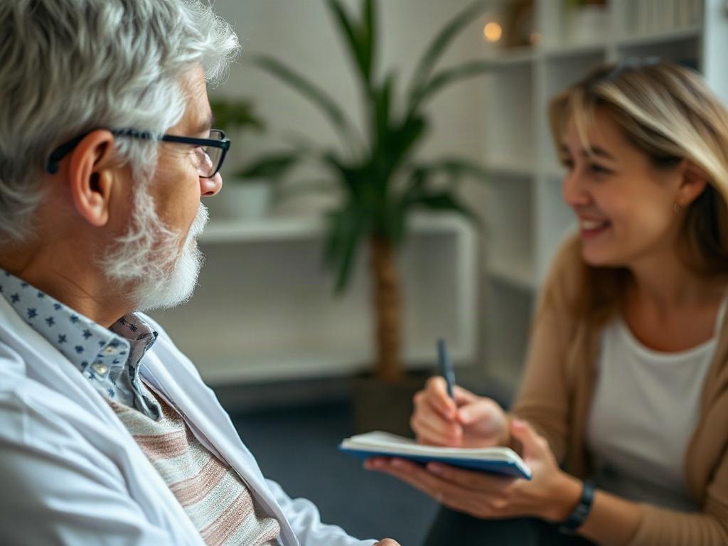 A close-up shot of a therapist and client in a session, with the therapist actively listening and taking notes. The background should be softly lit, with a focus on their engaged expressions, showcasing an environment of understanding and compassion.