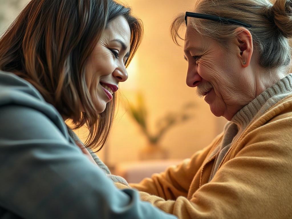 A close-up shot of a comforting therapy session between a counselor and a client, capturing their genuine interaction. The background should feature warm colors and soft textures, creating an inviting atmosphere that promotes healing.