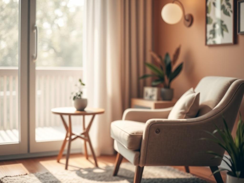 A close-up shot of a serene, inviting counseling office space with warm colors and natural light streaming through a window. The image should feature a comfortable armchair, a small table with a plant, and soft decorative elements that evoke a sense of calm and healing. The background should be softly blurred to keep the focus on the inviting atmosphere of the room.