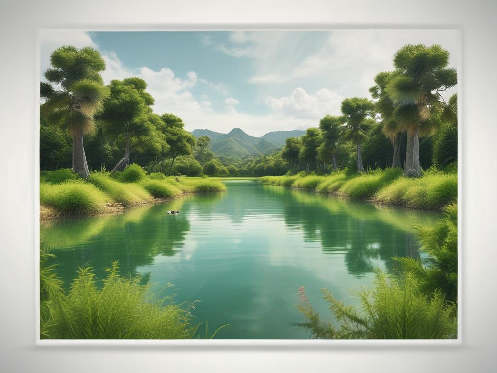 A serene landscape with soft green tones, featuring a tranquil