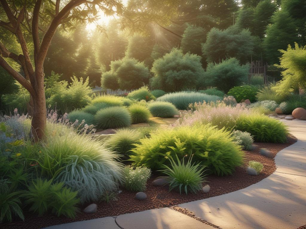 eco friendly landscaping, native plants, organic materials, beautiful garden, serene