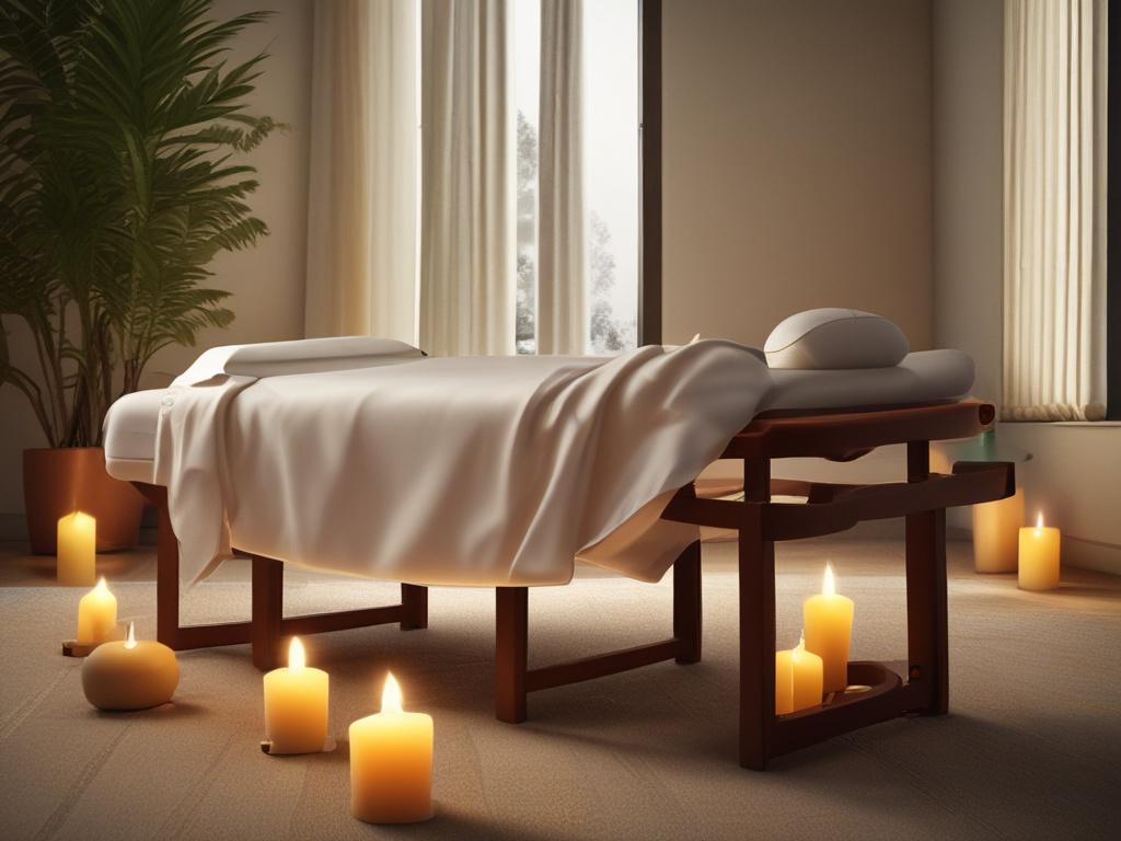 A serene massage setting featuring a luxurious massage table adorned