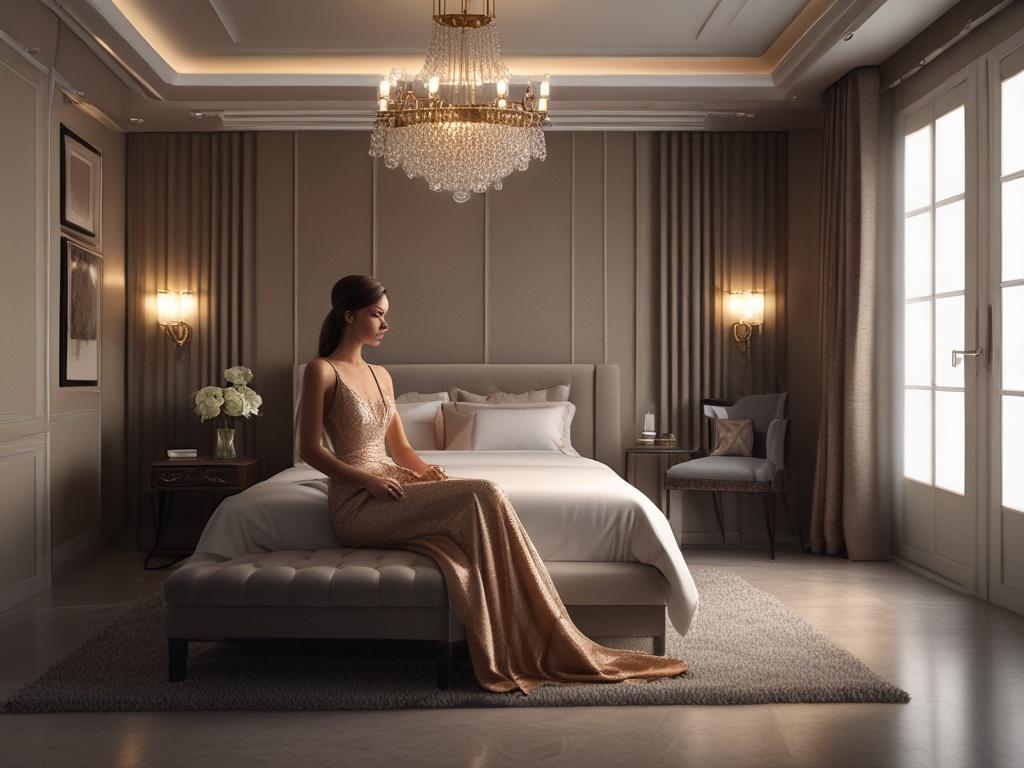 A beautiful, elegant woman in a stylish evening gown, sitting