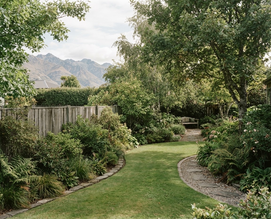 Sunlit New Zealand residential garden with layered green shrubs, lawn and mature trees