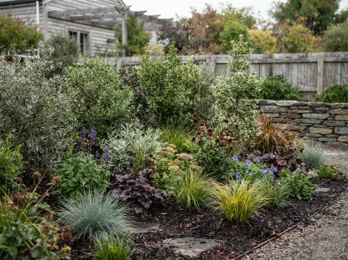 Layered foliage and new shrubs planted in a mulched garden bed