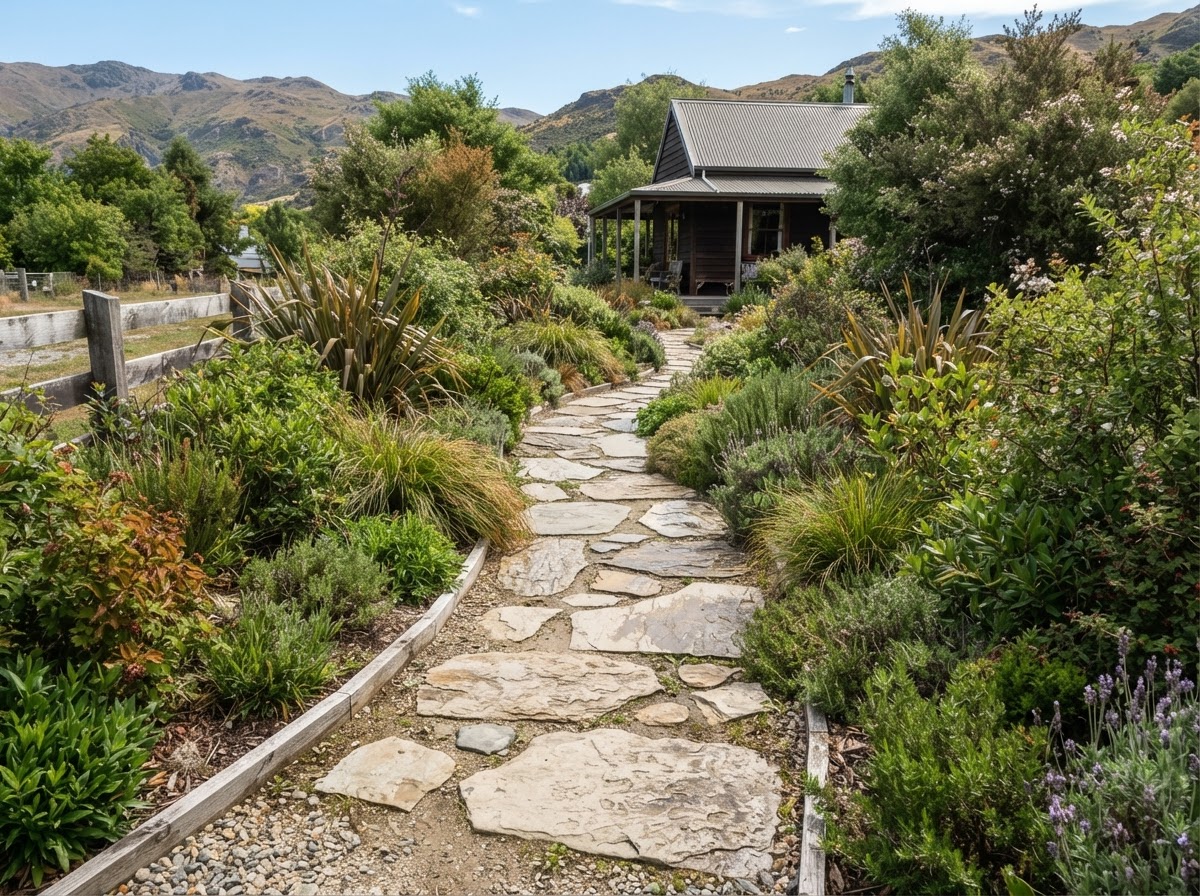 Natural stone garden pathway winding between planted garden beds