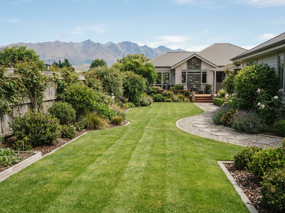 Neatly maintained lawn and established shrubs in a New Zealand garden