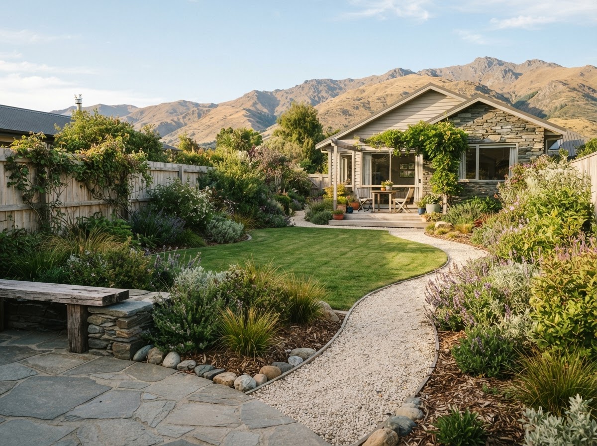 Refreshed home garden with planting, lawn and a gravel path