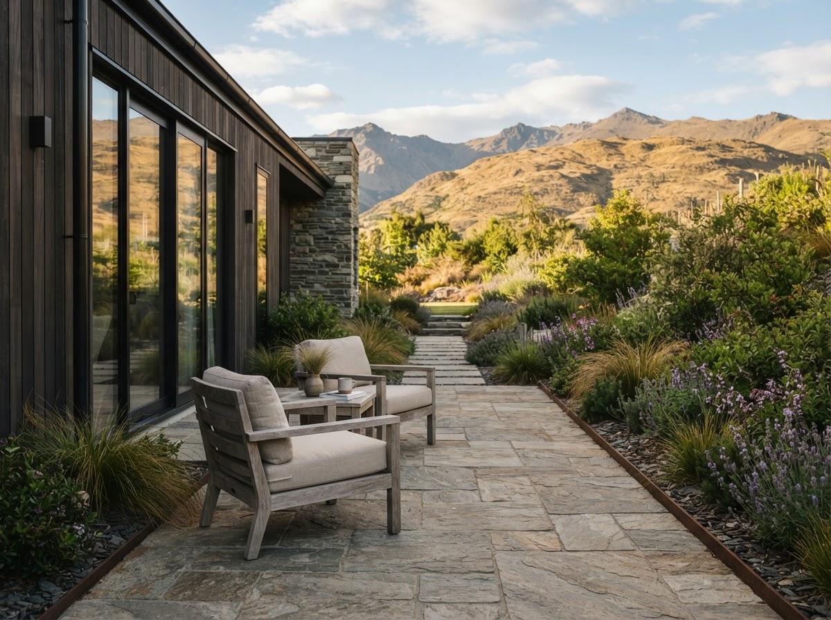 Paved patio with outdoor seating and soft landscaping