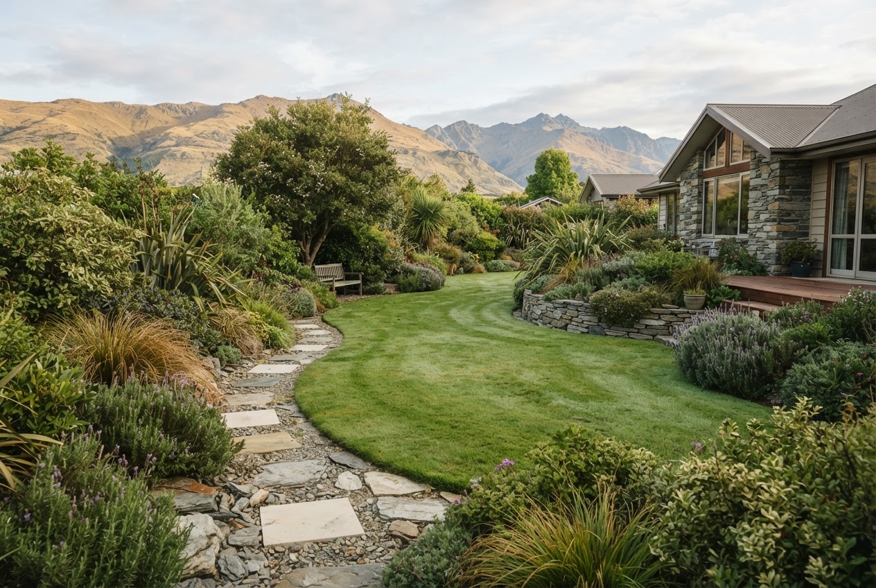 Brightly maintained Cromwell home garden with lawn, stone path and layered green planting