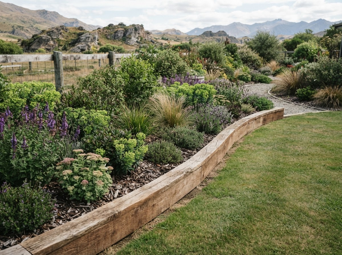 Curved timber-edged garden bed with fresh planting and mulch