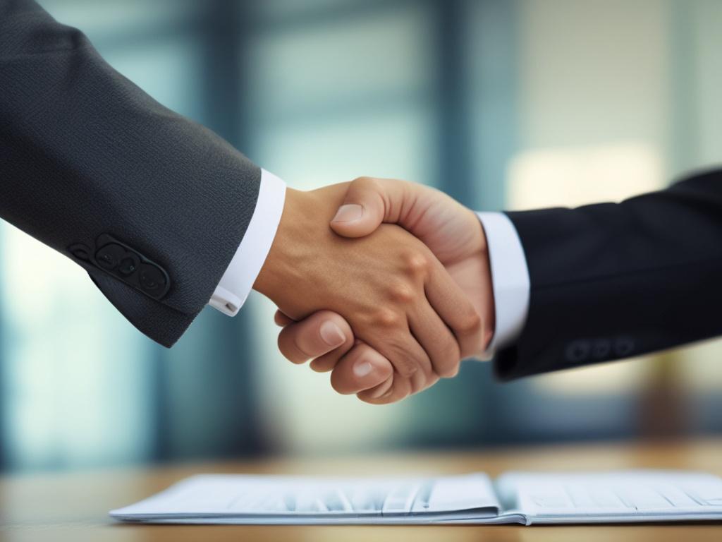 A hyper-realistic close-up of a broker shaking hands with a client in an office setting, symbolizing a successful oil transaction. The background should include a blurred view of oil charts and graphs. The image should feature warm lighting that complements the #FF6E4E color scheme.