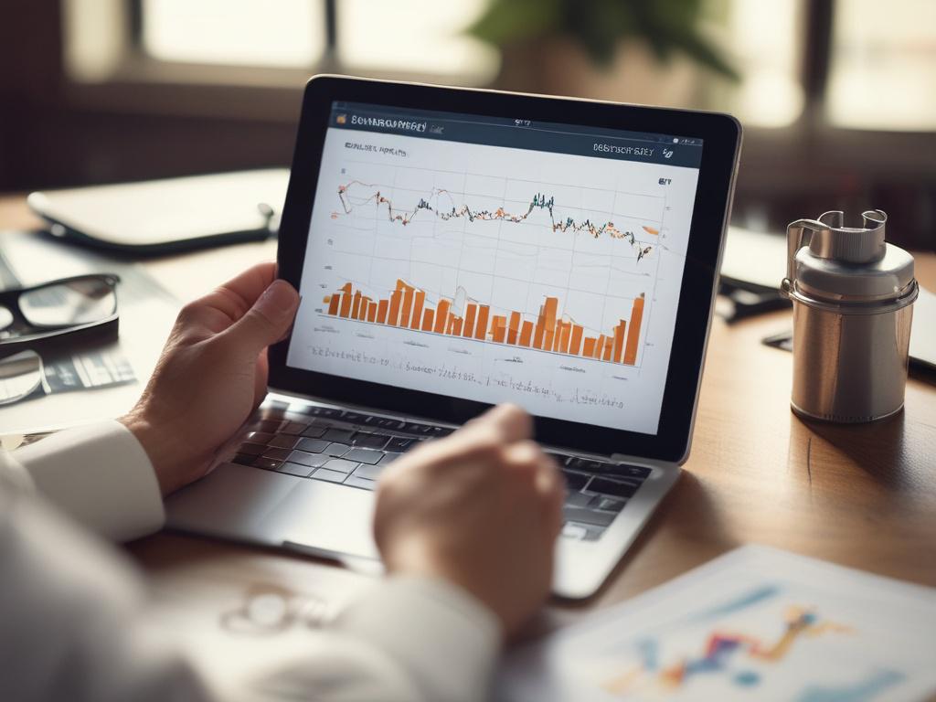 A close-up shot of a professional analyzing oil market reports on a tablet, with charts and graphs visible. The background should be softly blurred, creating a focused atmosphere. The image should be warm-toned, incorporating the #FF6E4E color to enhance visual appeal.