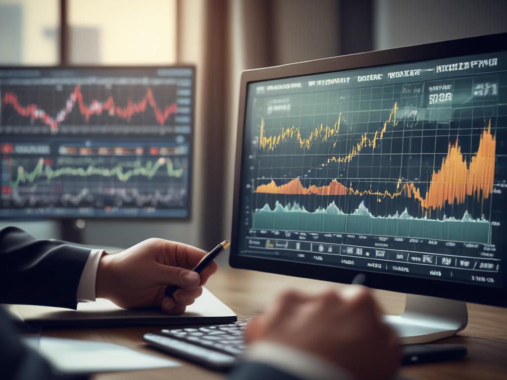 A close-up shot of an oil trading chart displayed on a screen, with a broker analyzing data. The background should be softly blurred to emphasize the screen, with warm lighting that highlights the intricate details of the chart. The color palette should include shades of #FF6E4E to create a cohesive look.