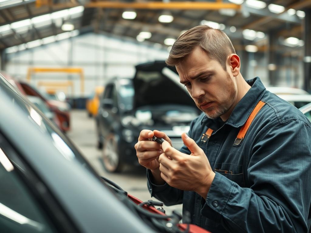 A realistic high-resolution photo of a scrapyard with a focus on a car being expertly dismantled. The scene captures a professional technician examining a car part in close-up, showcasing the quality of parts being extracted. The background features a well-organized scrapyard with various vehicles being processed. The lighting is bright and clear, emphasizing the attention to detail in the work being done, shot with a 45mm f/1.2 lens style, compatible with rgb(50, 170, 39) primary color.