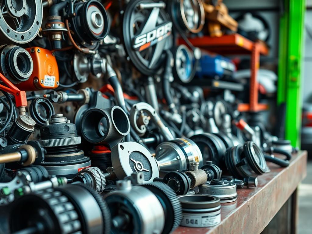 A close-up shot of various high-quality car parts displayed in a clean, organized manner. The parts should be clearly visible, showcasing their quality and authenticity. The background should have a hint of the scrapyard environment, with vibrant green accents to align with the primary color.