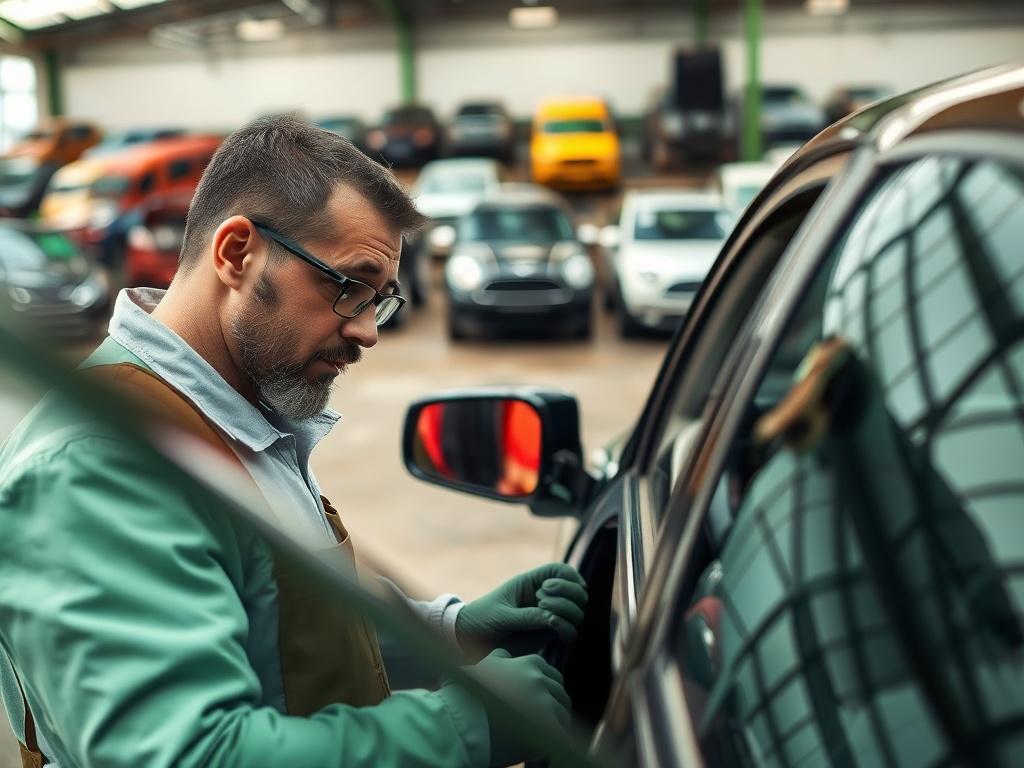 A close-up shot of a professional technician inspecting a car in a scrapyard, highlighting the car's exterior and interior details. The background features a well-organized scrapyard with various vehicles in the distance. The lighting is natural, emphasizing the technician's focus on the car, with a vibrant green accent in the environment to match the primary color.
