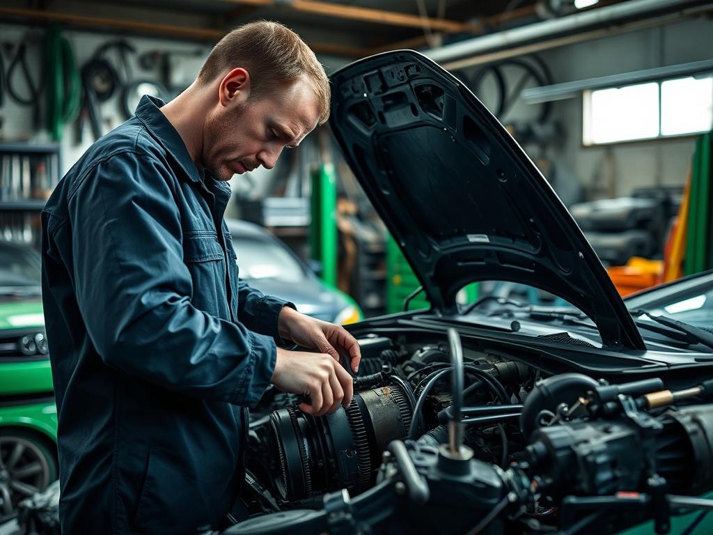 A close-up shot of a technician carefully dismantling a car in a scrapyard setting, showcasing various parts being removed. The background includes organized tools and vehicle parts, with a focus on the technician's meticulous work. The lighting is bright and highlights the green elements in the environment.