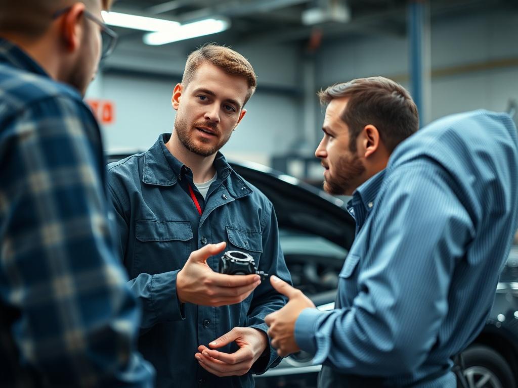 A professional technician in a garage setting, engaged in a