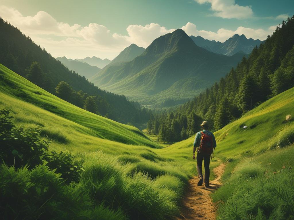 A photorealistic image of a person confidently exploring a lush
