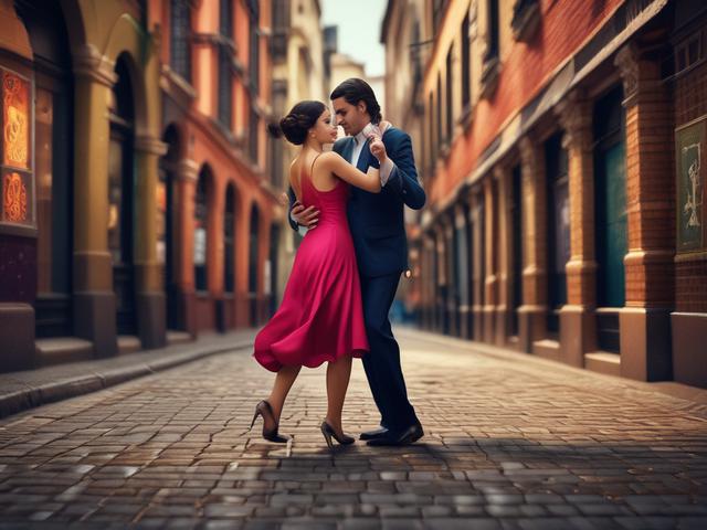 **AI Image Generation Prompt:**

Create a realistic high-resolution image that embodies the theme "Historia del tango y su influencia actual". The composition should feature a single subject: a passionate tango dancer in mid-performance. The dancer, a middle-aged Argentine man with a classic look, is dressed in a traditional black suit with a crisp white shirt, exuding elegance and charisma. The posture should showcase the intensity and emotion of tango dance, with one arm extended and the other holding a p