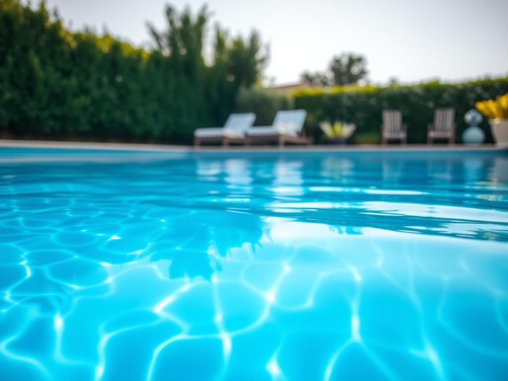 A clean, sparkling swimming pool with crystal clear water, surrounded by lush green landscaping. The focus is on the pool's surface reflecting the sunlight, showcasing its pristine condition. The background features a well-maintained patio area with comfortable lounge chairs and a vibrant green lawn. The image captures the essence of relaxation and cleanliness, emphasizing the importance of deep cleaning and balancing pool chemistry.