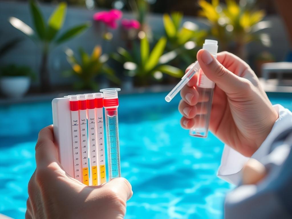 A close-up image of a pool water testing kit being used near a swimming pool. The kit includes test strips and a vial, with vibrant pool water reflecting sunlight in the background. The image highlights the importance of water quality testing, showcasing the technician's careful attention. The setting is serene, with lush plants surrounding the pool area. Shot with a 45mm f/1.2 lens.