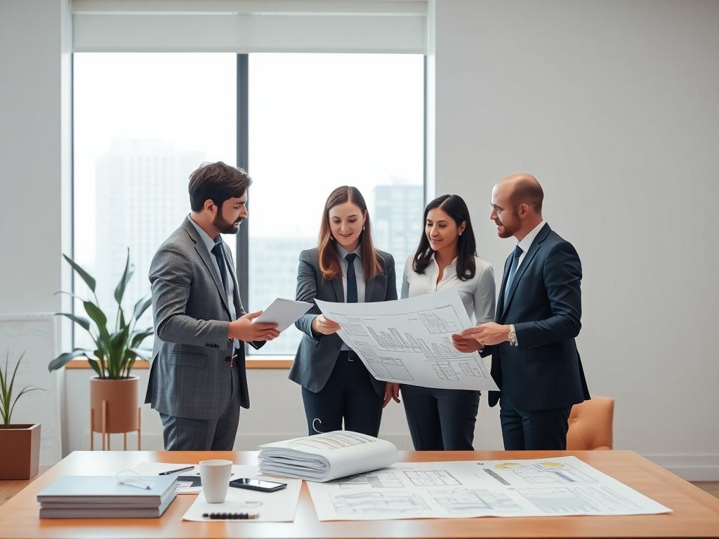 A project management scene showcasing a team of professionals collaborating