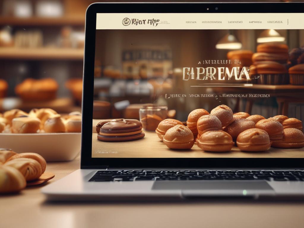A hyper-realistic close-up shot of a bakery's website displayed on a laptop, with fresh pastries and baked goods in the background, shot with a 45mm f/1.2 lens.