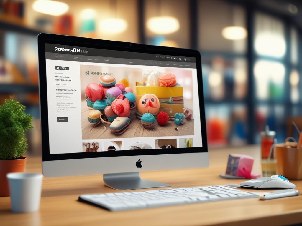 A hyper-realistic close-up shot of an e-commerce website on a computer screen, showcasing products with a vibrant shopping atmosphere in the background, shot with a 45mm f/1.2 lens.