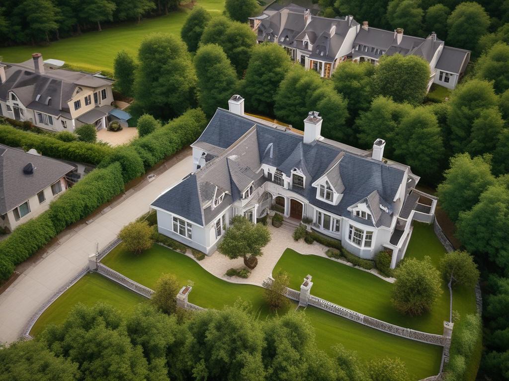 Aerial photograph showcasing a beautiful real estate property from above,