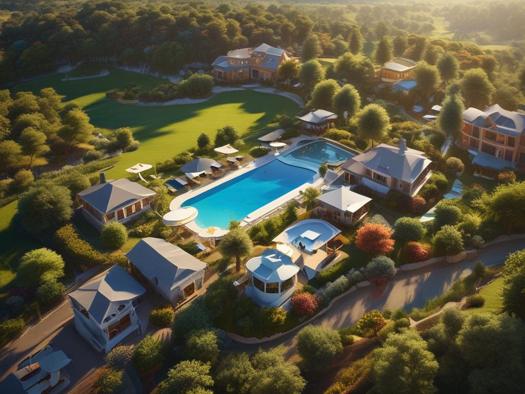 A sweeping aerial view of a scenic resort with a