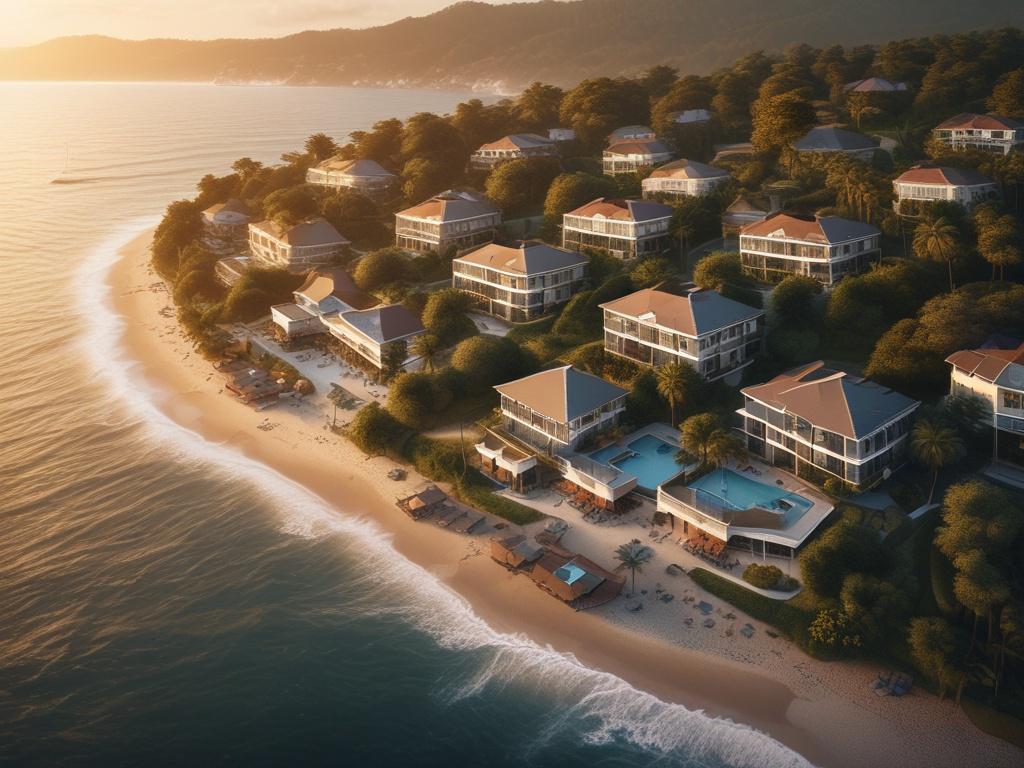 An aerial view of a beautiful coastal resort, captured during