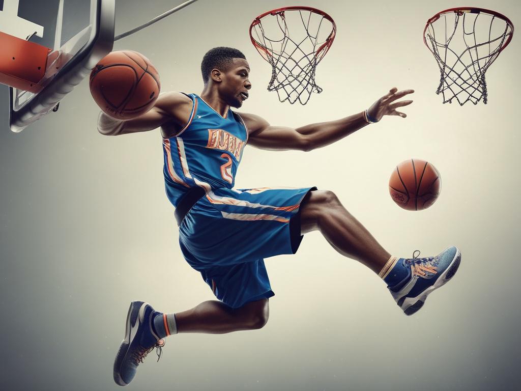 A dynamic sports action shot of a basketball player soaring