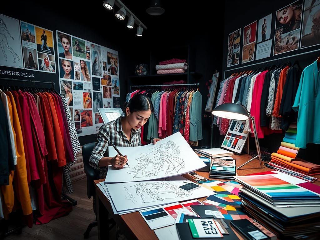 A fashion designer at work, sketching designs while surrounded by vibrant fabrics in various colors. The workspace is filled with inspiration, including mood boards and color palettes. The atmosphere conveys creativity and passion for personalized design.