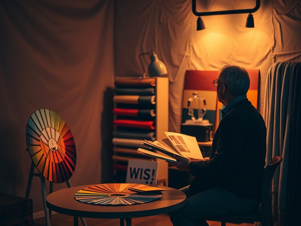 A serene consultation space with a color wheel and various fabrics displayed. A person is engaged in a discussion with a consultant, both examining color swatches under warm lighting. The background features soft textures and calming colors to evoke a sense of comfort and focus.
