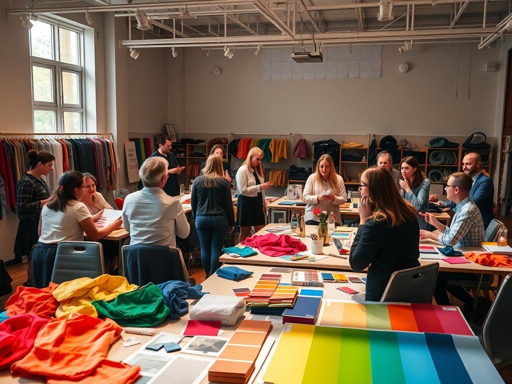 A lively workshop setting with participants engaged in discussions around color therapy. Various fabrics and color samples are laid out on tables. The environment is bright and inviting, encouraging creativity and collaboration.