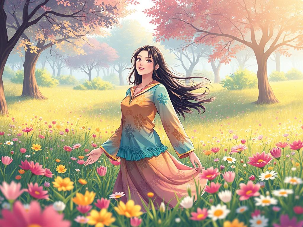 A beautiful woman in a mystical meadow, surrounded by vibrant flowers and trees, wearing a colorful garment that reflects her energy. The scene captures a serene atmosphere with soft sunlight filtering through the trees, highlighting the beauty and tranquility of the moment. The woman appears joyful and radiant, embodying the essence of garment therapy and wellness.