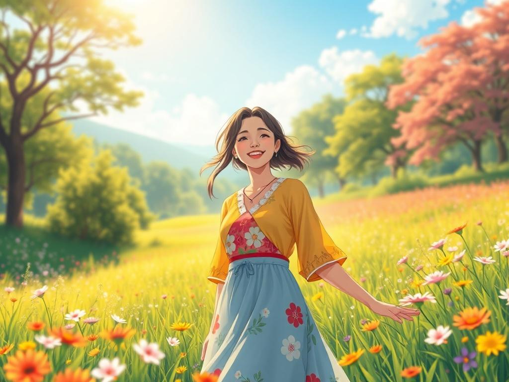 A joyful woman in a vibrant meadow, wearing a bright, colorful outfit that symbolizes healing through chromeotherapy. The background features a lush landscape with flowers and trees, bathed in warm sunlight, creating a magical and uplifting ambiance. The woman radiates happiness and serenity, embodying the spirit of wellness and color therapy.