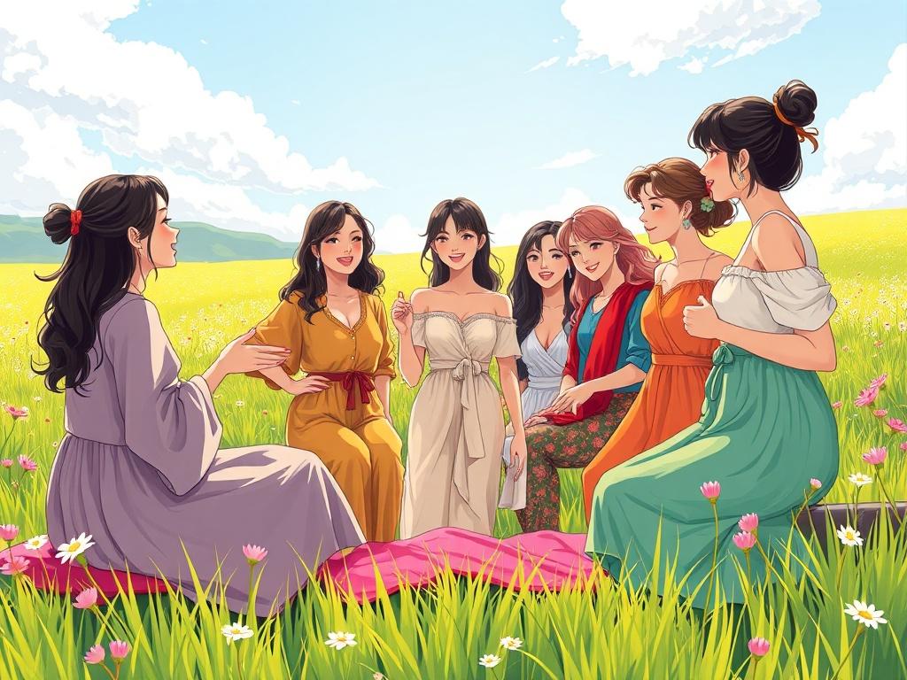 A group of happy, beautiful women participating in a workshop in a serene meadow setting. They are engaging in discussions while surrounded by colorful fabrics and garments. The scene conveys a sense of community, joy, and empowerment, with sunlight illuminating the vibrant colors of the clothing. The atmosphere is uplifting and inspiring, reflecting the essence of intention-based dressing.