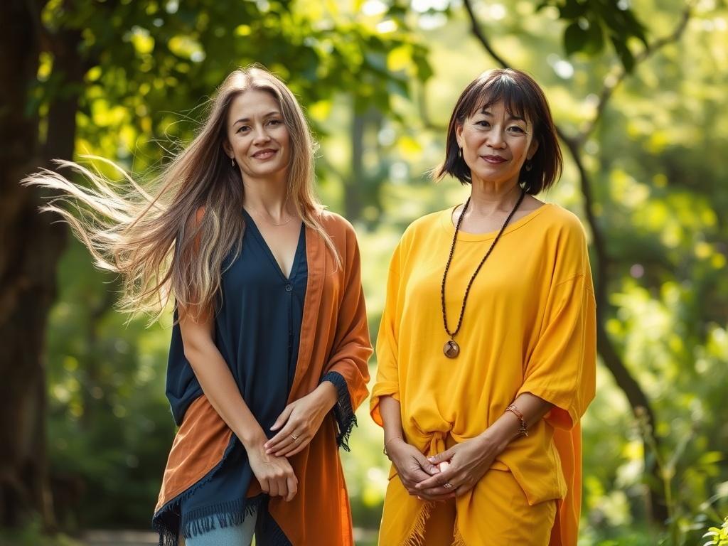 A high-resolution photo of two confident, spiritually attuned women standing together in a serene outdoor setting. They should be dressed in Chakra Color Apparel garments that reflect vibrant chakra colors, with an emphasis on earthy tones and natural textures. One woman has long flowing hair, wearing a flowing top in a rich indigo color, while the other has short hair with a radiant yellow tunic. The background features lush greenery and soft sunlight filtering through the trees, creating a calm and uplift